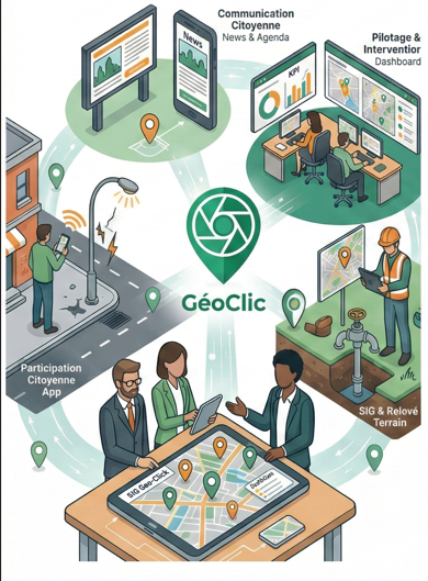 Les quatre dimensions de G&eacute;oClic : participation citoyenne, SIG et patrimoine, pilotage et interventions, communication citoyenne