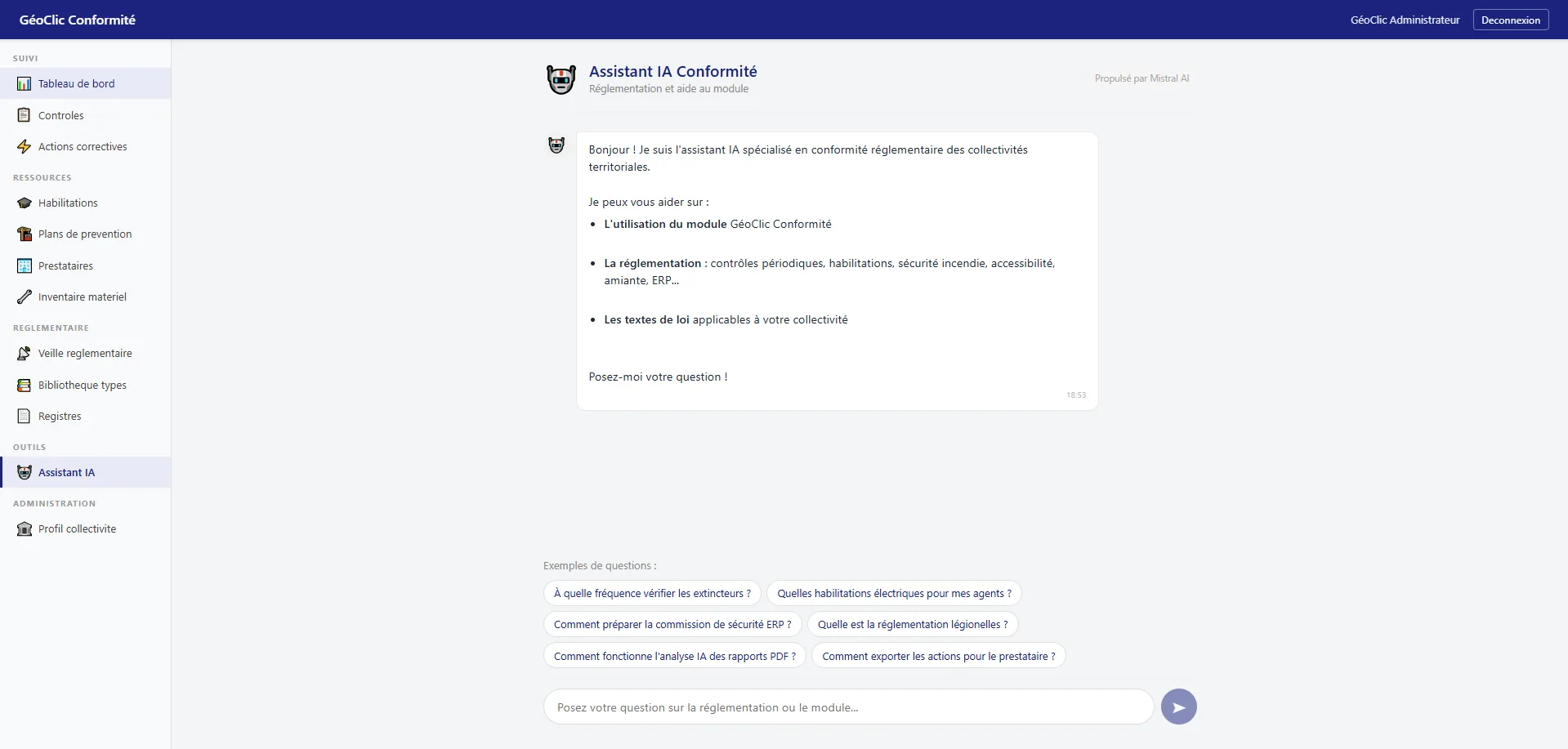 Capture d'écran de l'assistant IA municipal GéoClic intégré au site d'une commune