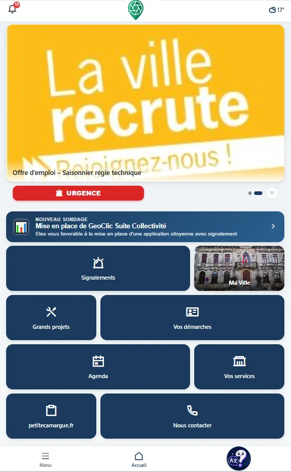Capture d'écran de l'application citoyenne GéoClic City sur mobile : accueil avec tuiles et carrousel