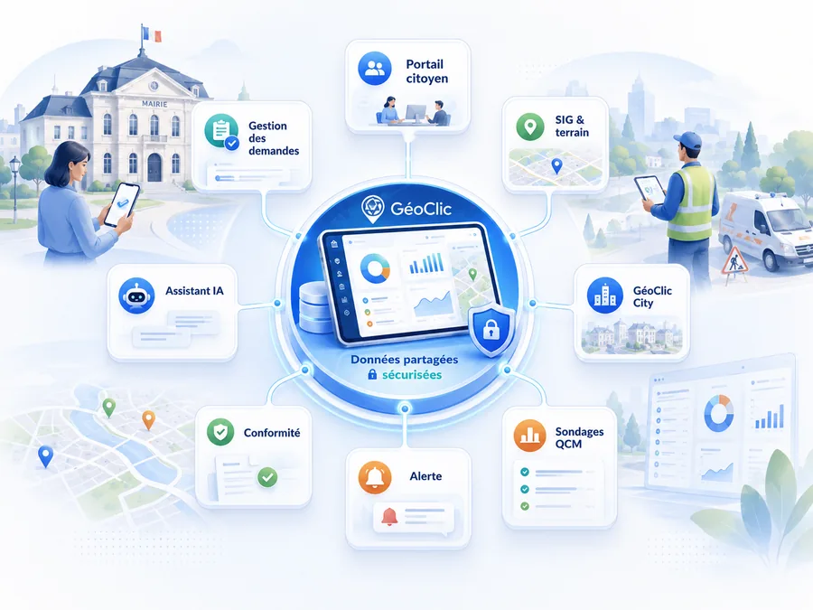 Illustration de l’écosystème GéoClic reliant plusieurs usages municipaux