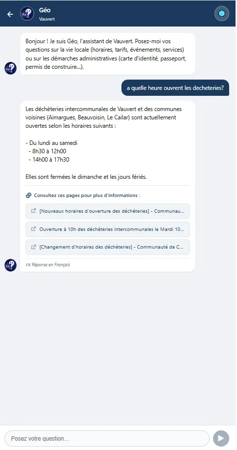 Capture d'écran d'une réponse de l'assistant IA GéoClic avec sources cliquables