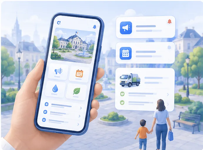 Illustration de l'application citoyenne GéoClic City : actualités, agenda et signalements sur mobile