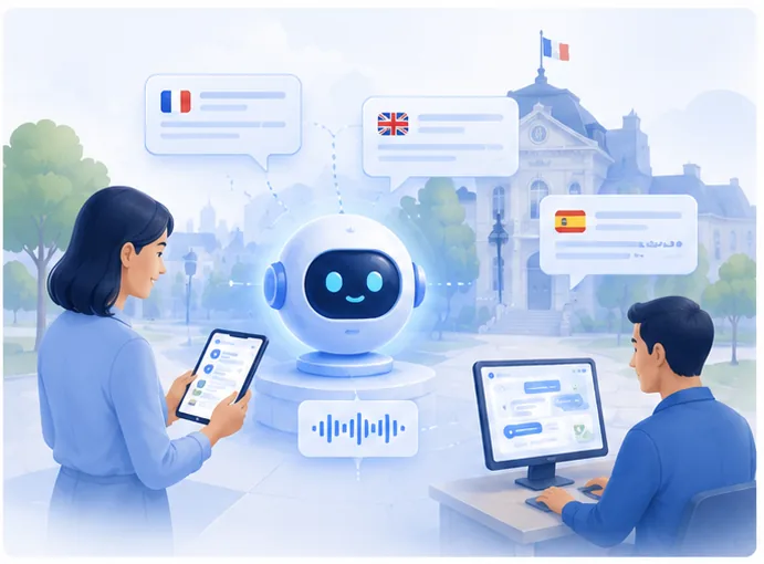 Illustration de l'assistant IA multilingue GéoClic pour les mairies