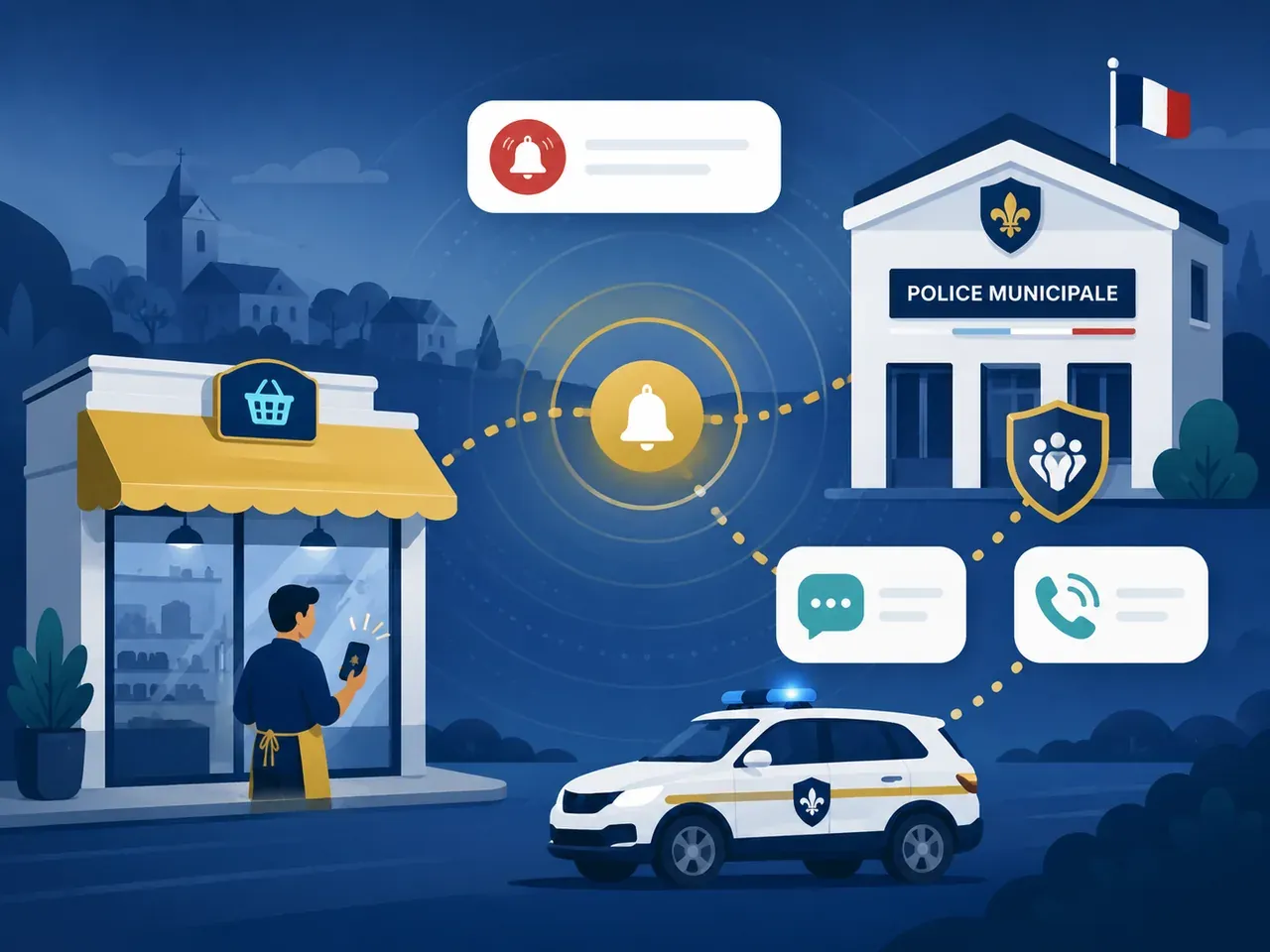 Illustration : un commerce envoie une alerte vers la Police Municipale par plusieurs canaux