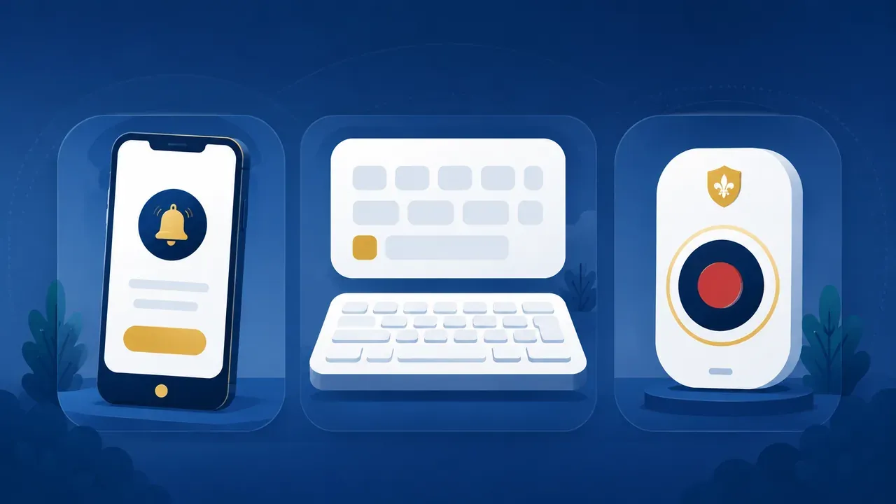 Illustration : smartphone, poste fixe et bouton physique discret